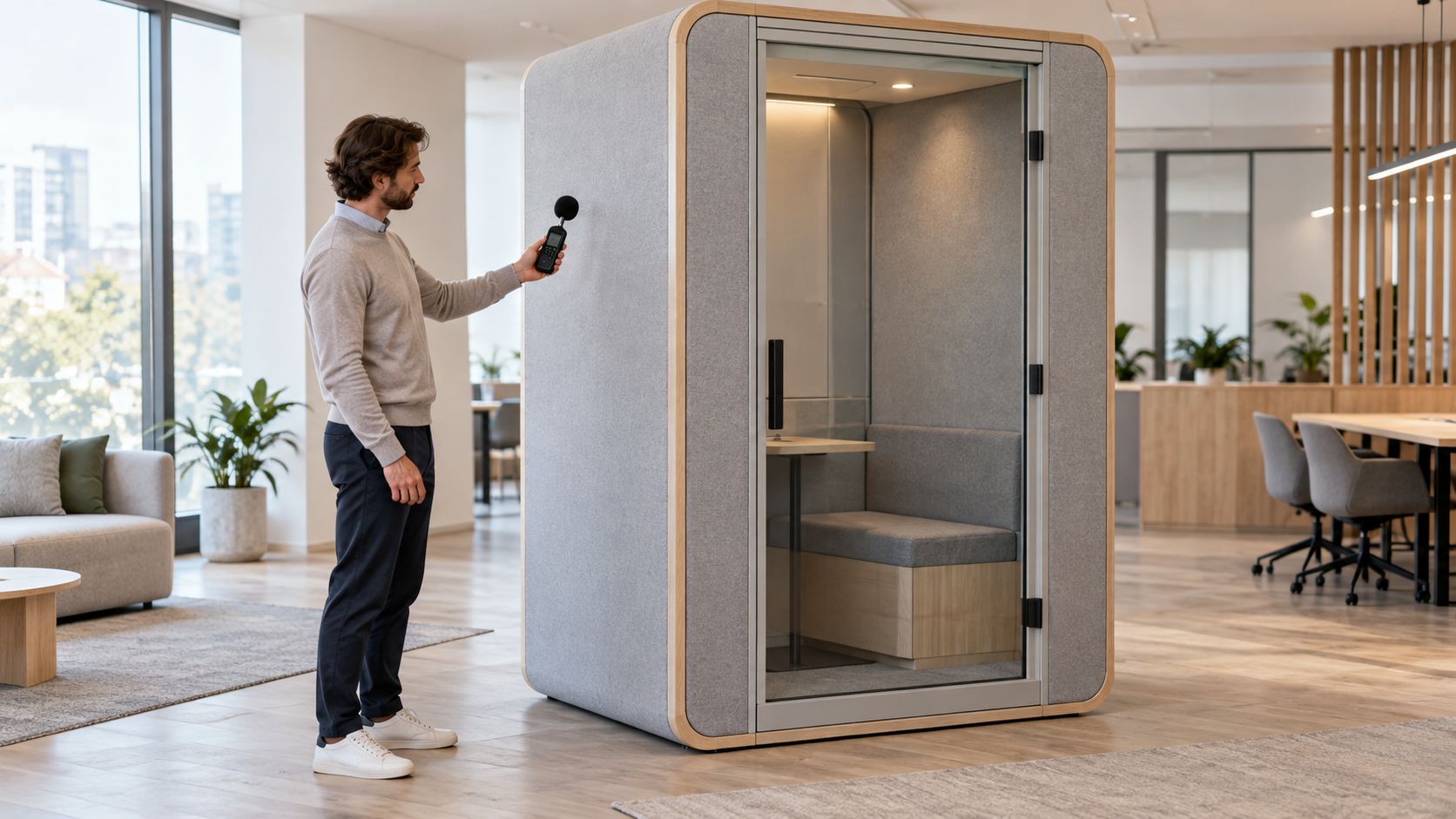 Illustration of a person holding a sound meter beside a single-person office booth with a glass door.