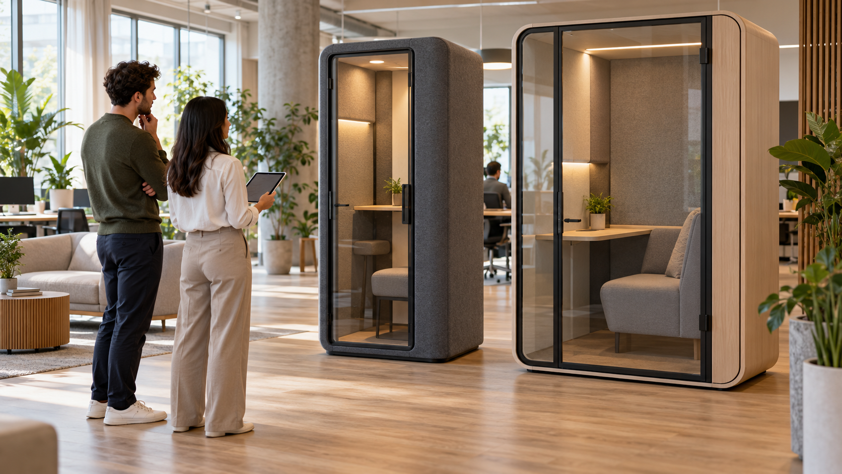A modern office with a generic single-person privacy booth