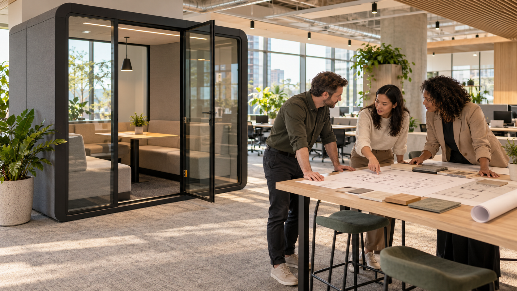 Illustration of a glass-fronted meeting pod beside three colleagues reviewing office plans and material samples.