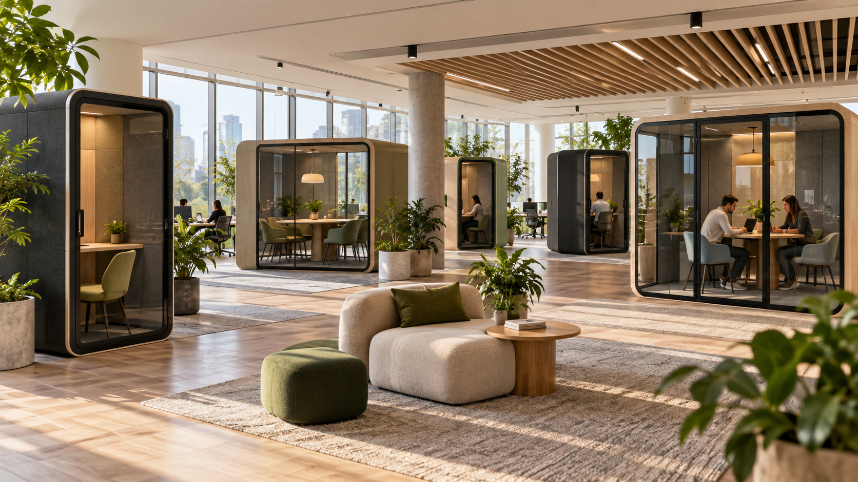 A calm office neighborhood with several generic privacy pods