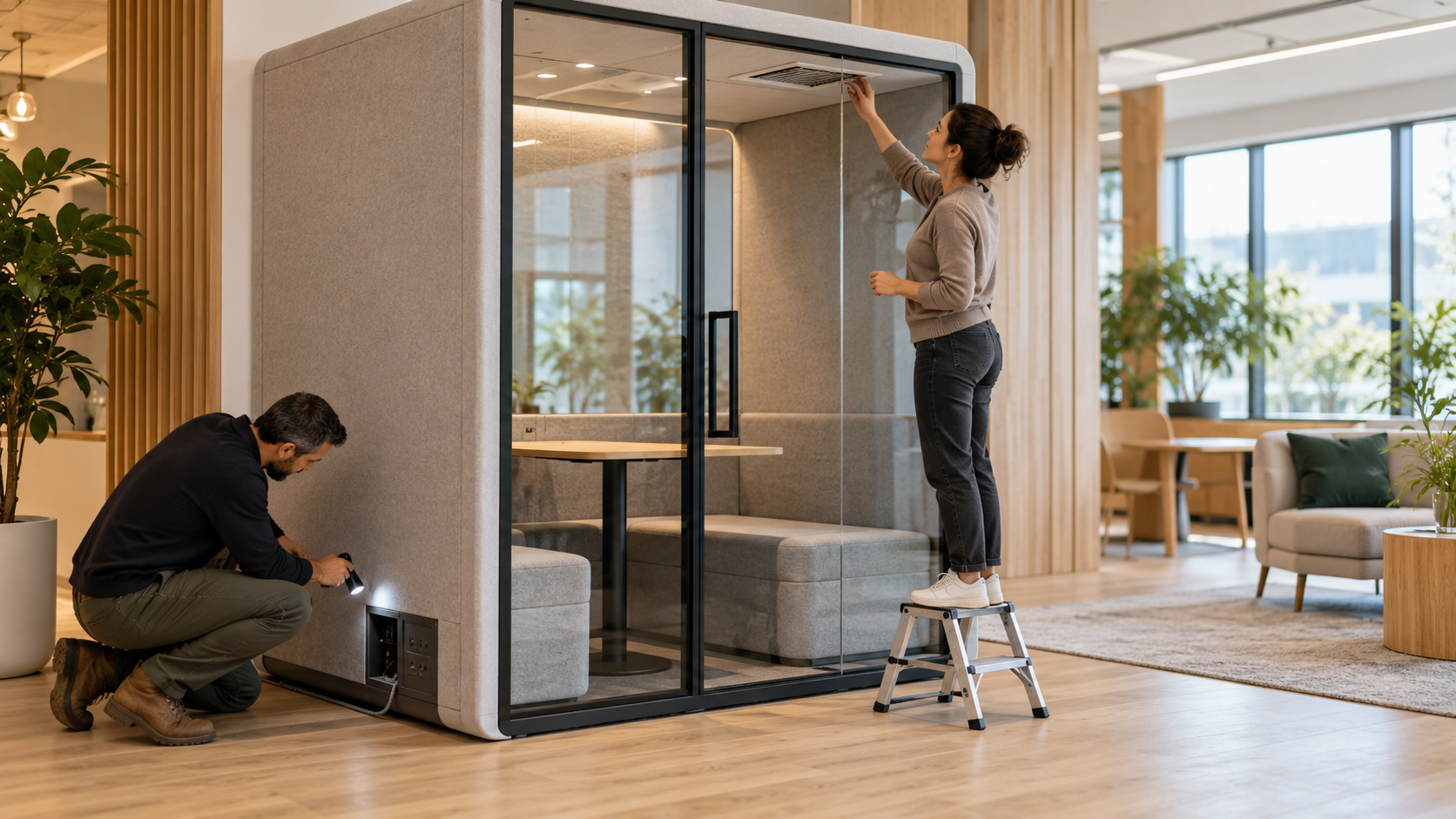 A facilities team inspecting a generic meeting pod