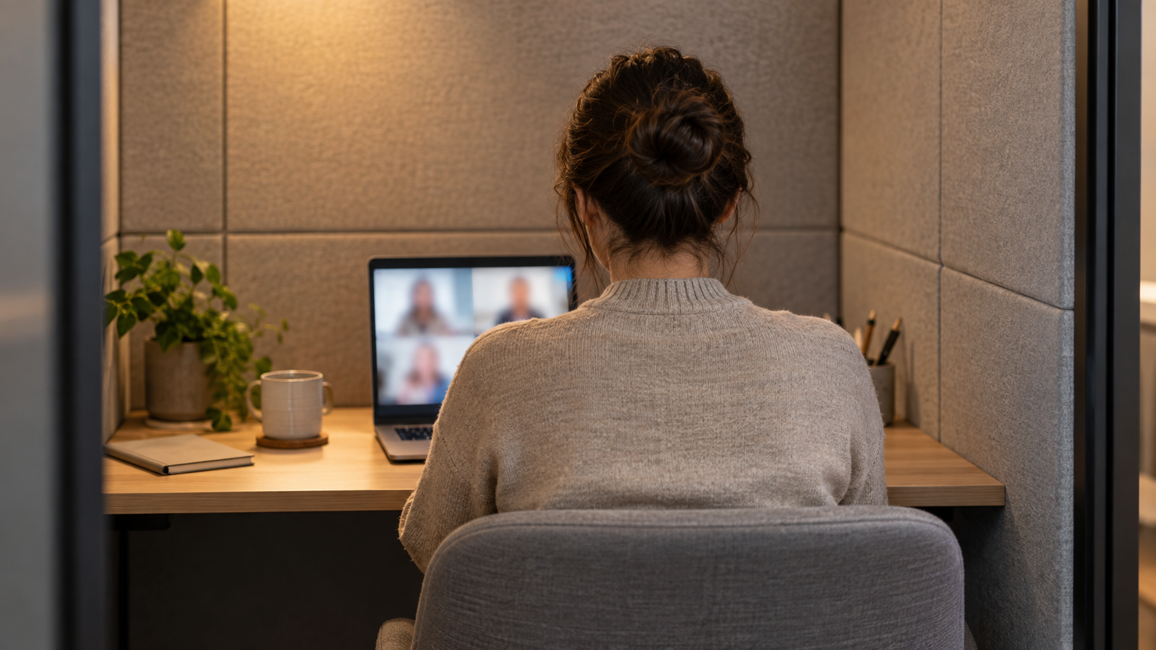 A person using a generic work pod for a video call